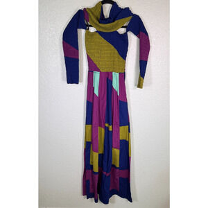 SWF Dress Womens Small Shirred Reflections Maxi Abstract Colorblock Boho Cotton